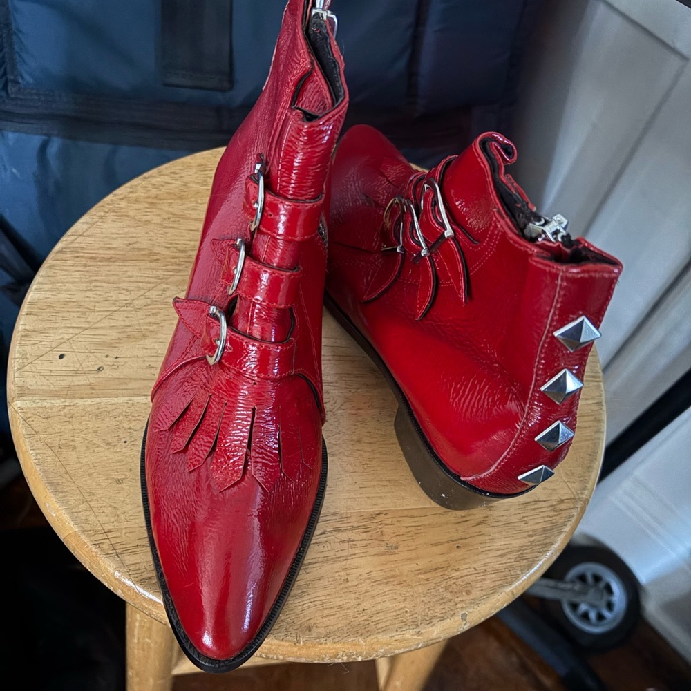 Modern Vice Red Ankle Boots with Triple Buckle and Studs - Picture 3 of 5